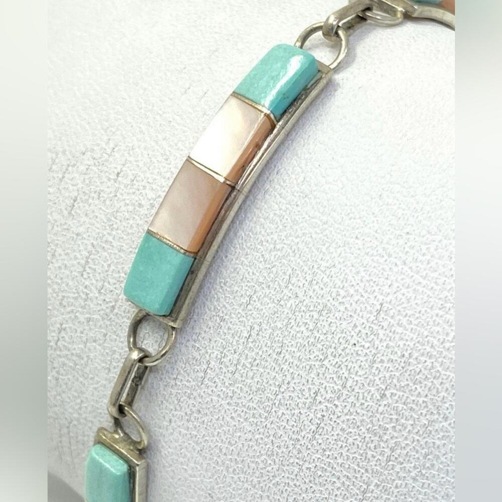 925 Sterling Silver Mother of Pearl & Turquoise Linked Bar Bracelet - Picture 2 of 11